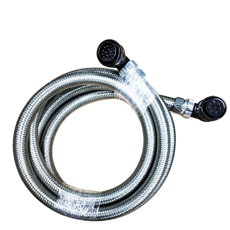 12-pin metal braided shielded cable with right-angle military connectors, stainless steel braid jacket for industrial automation, CNC machine, and servo motor signal transmission
